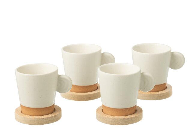 JOLIPA - 4 Tazze Da Cafe Con Manico + Base Bambu Ceramica Bianco/Naturale -53852