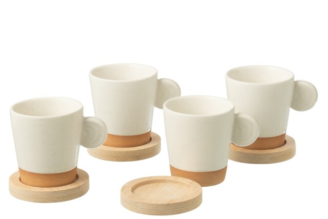 JOLIPA - 4 Tazze Da Cafe Con Manico + Base Bambu Ceramica Bianco/Naturale -53852