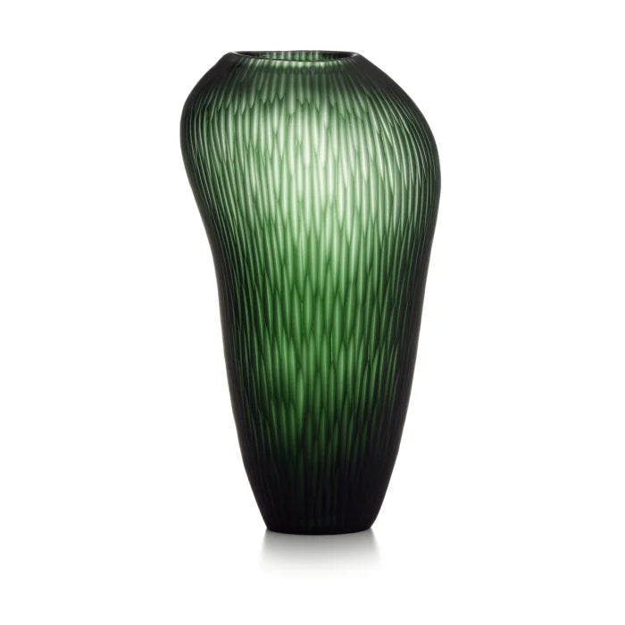 Carving Vaso In Vetro Verde Satinato Con  Righe Molate Verticali Mosse H.36