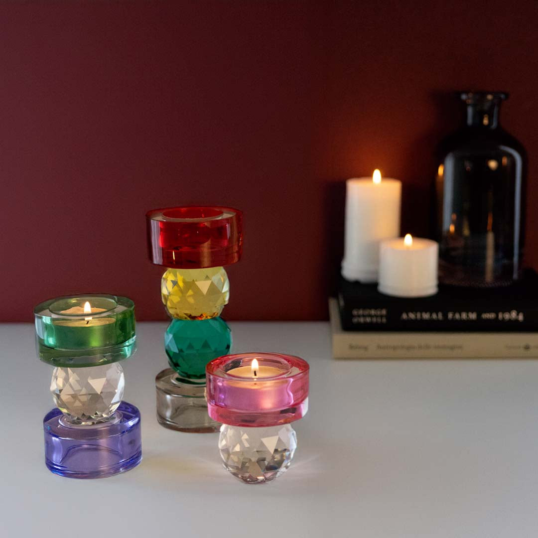 Porta candela effetto diamante 6,4x11cm  - Vetro Borosilicato / Viola E Verde