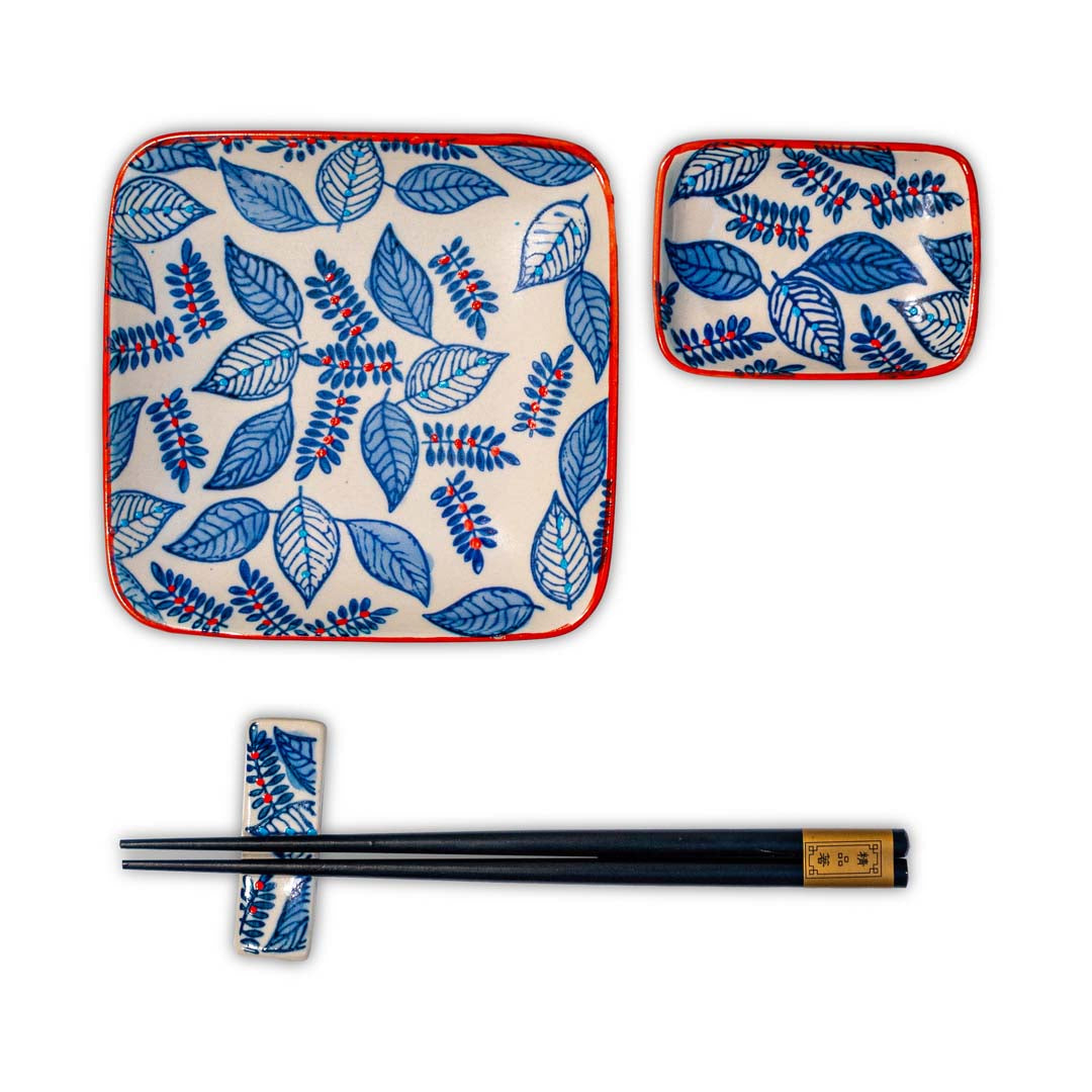 Kit 2 piattini, 2 ciotoline, 2 coppie di bacchette, 2 poggia bacchette - Blu