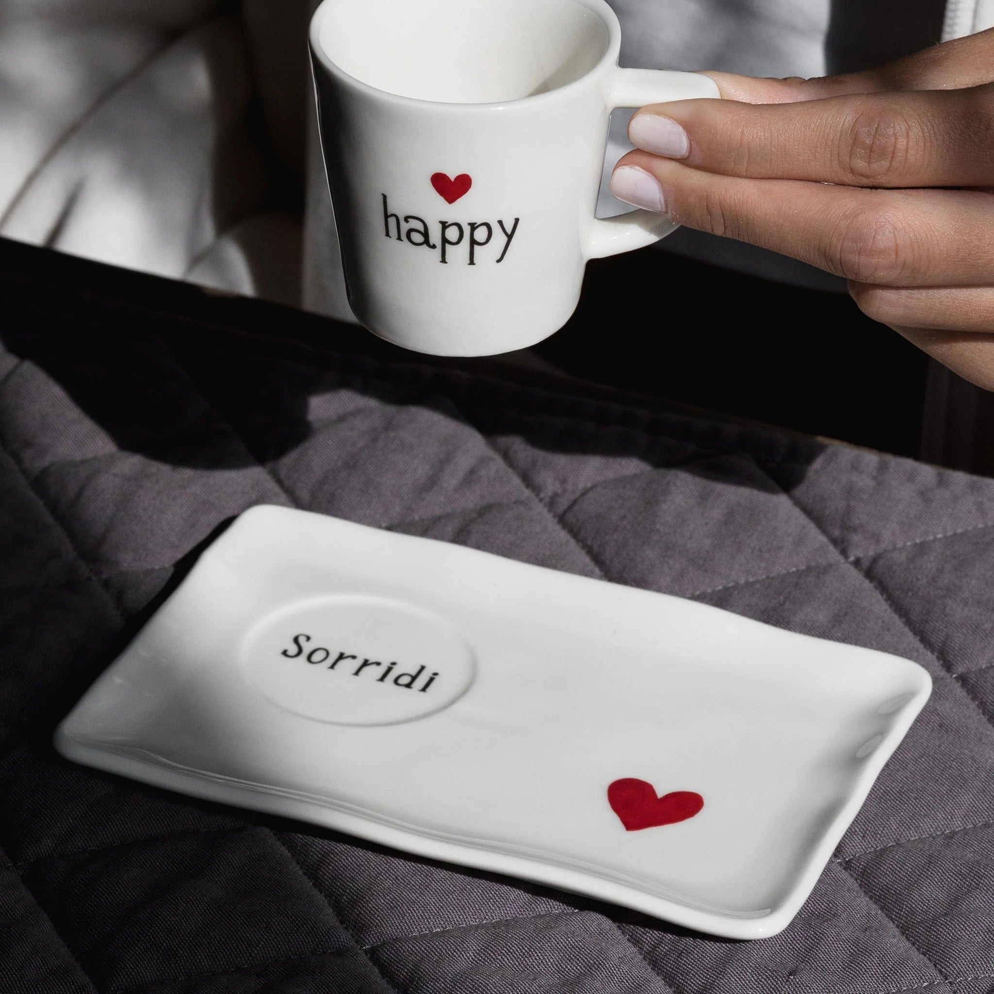 Set 2 Piatto Tazzine Espresso " Sorridi " - Cuore Rosso