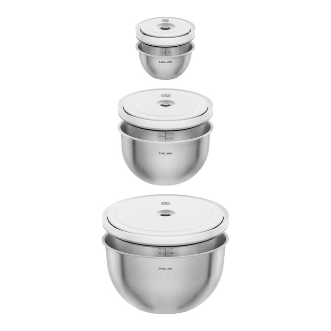 Set di ciotole sottovuoto S/M/L / 6-pz., acciaio inox, bianco-acciaio