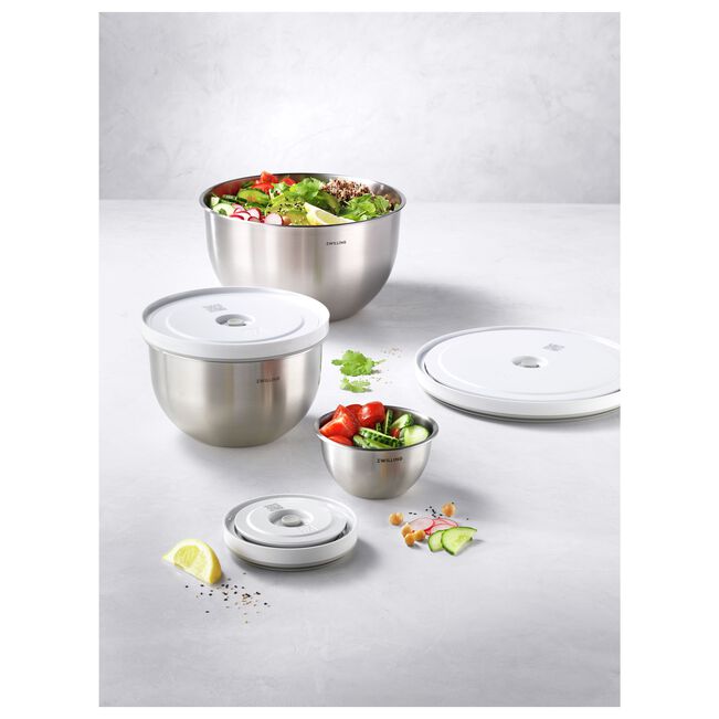 SET DI CIOTOLE PER MISCELARE IN ACCIAIO INOX CON COPERCHI COLORATI PER SET DI CIOTOLE PER MISCELARE IN ACCIAIO INOX CON COPERCHI COLORATI PER