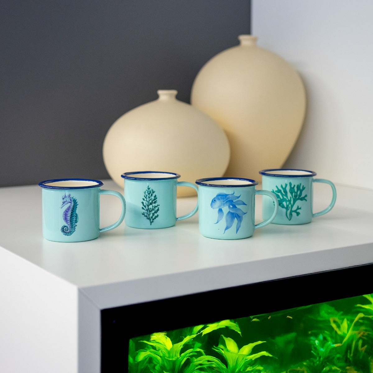 Set 4 tazzine caffè in latta smaltata - 150ml / Azzurro