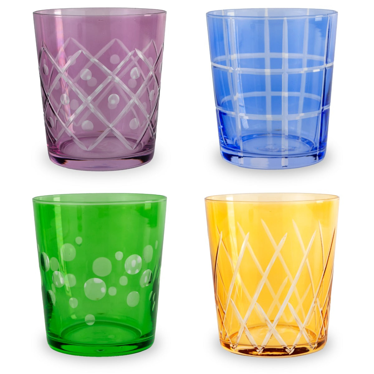 Set 4 bicchieri in vetro con molature - Capacità 300ml / Decori misti