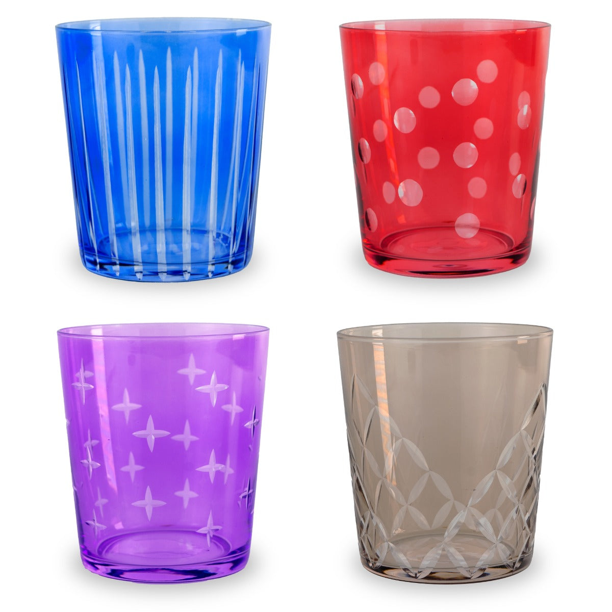 Set 4 bicchieri in vetro con molature - Capacità 300ml / Decori misti