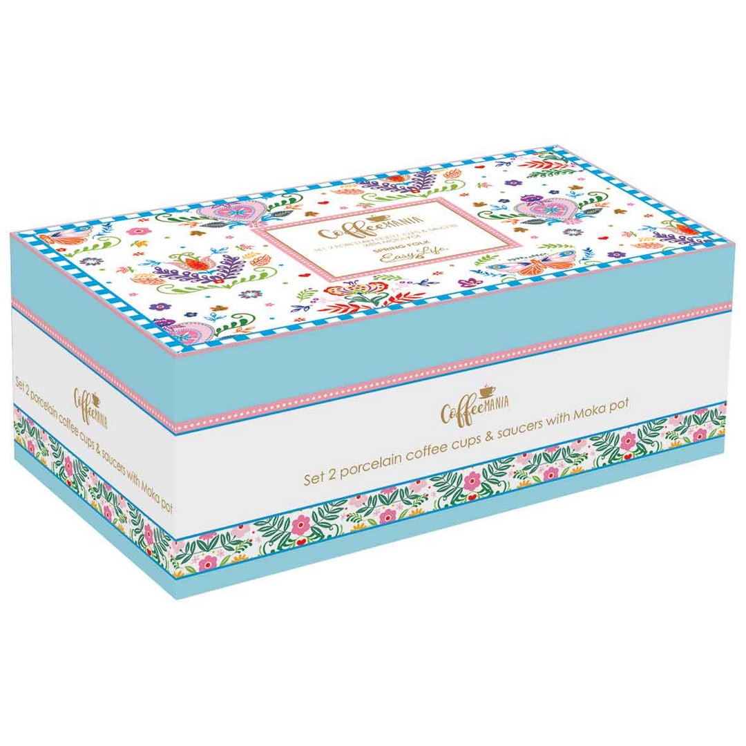 Easy Life Set 2 tazzine caffe' con piattino e Caffettiera SPRING FOLK