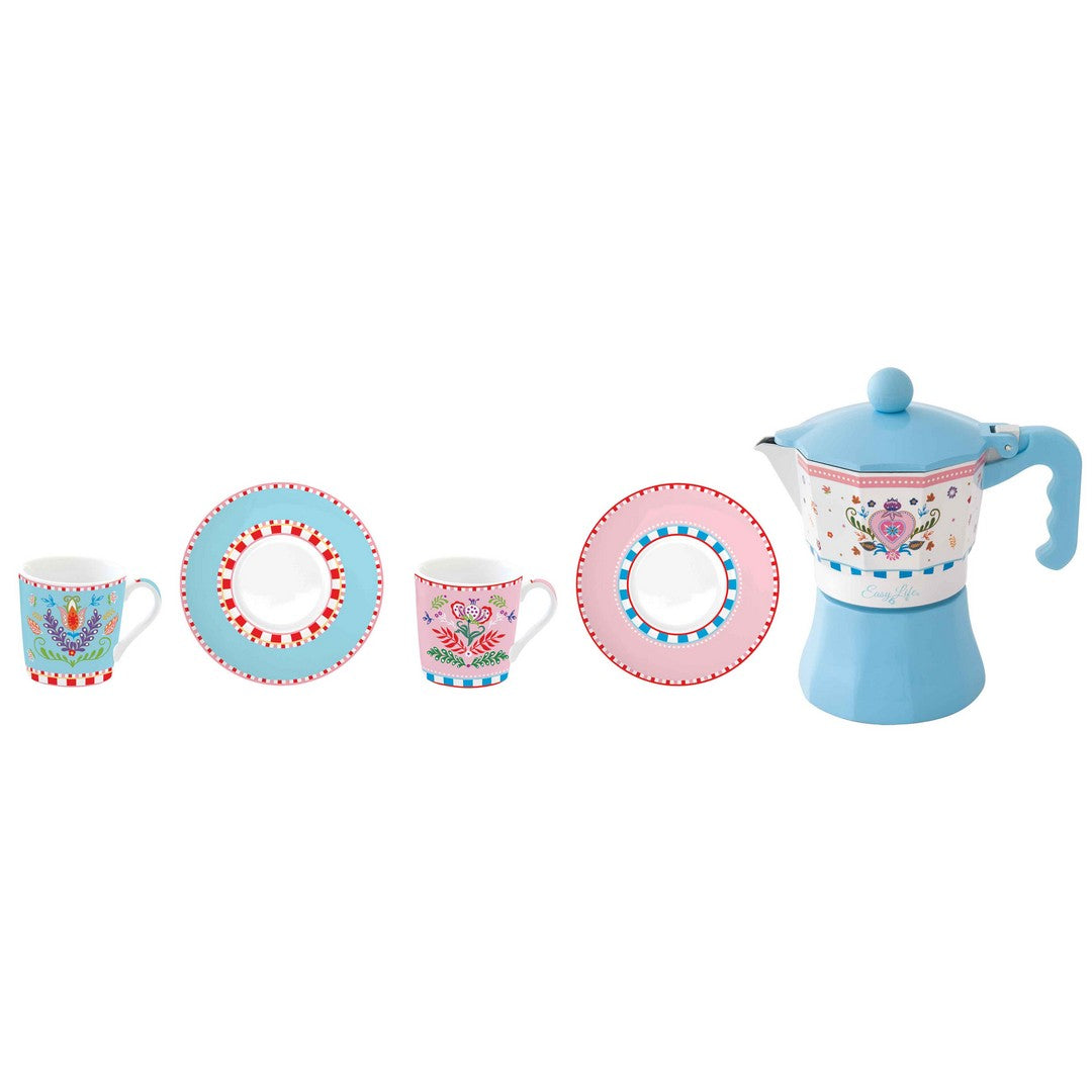 Easy Life Set 2 tazzine caffe' con piattino e Caffettiera SPRING FOLK