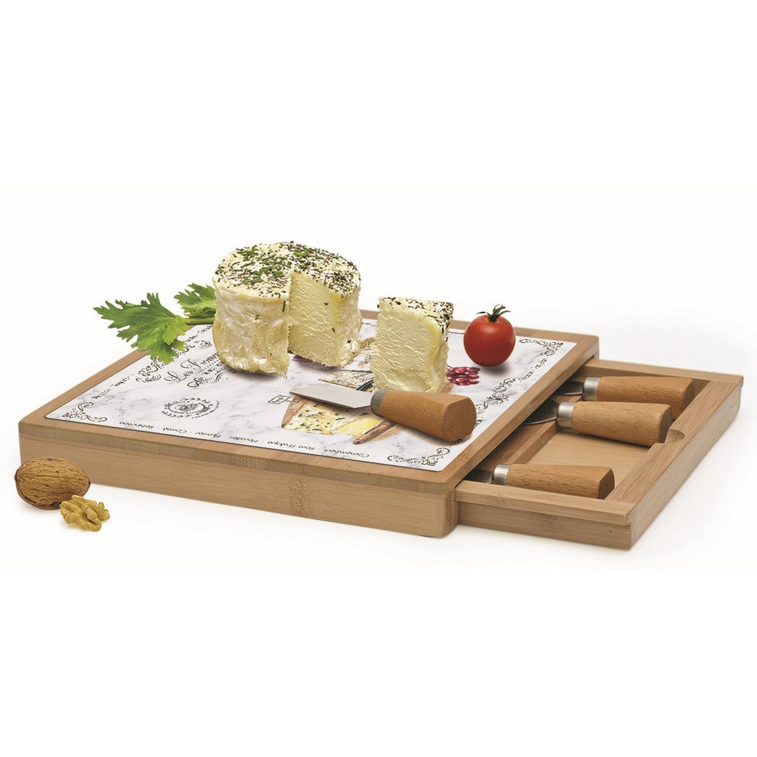 Easy Life Tagliere formaggi in vetro con filo e 4 coltelli "Les Fromages"