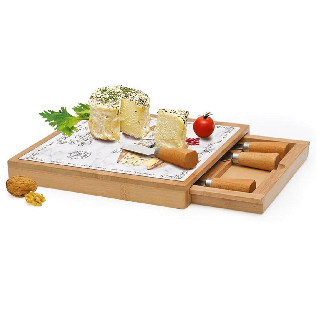 Easy Life set Les Fromages Tagliere in Bamboo e Vetro con 4 Coltelli da Formaggi