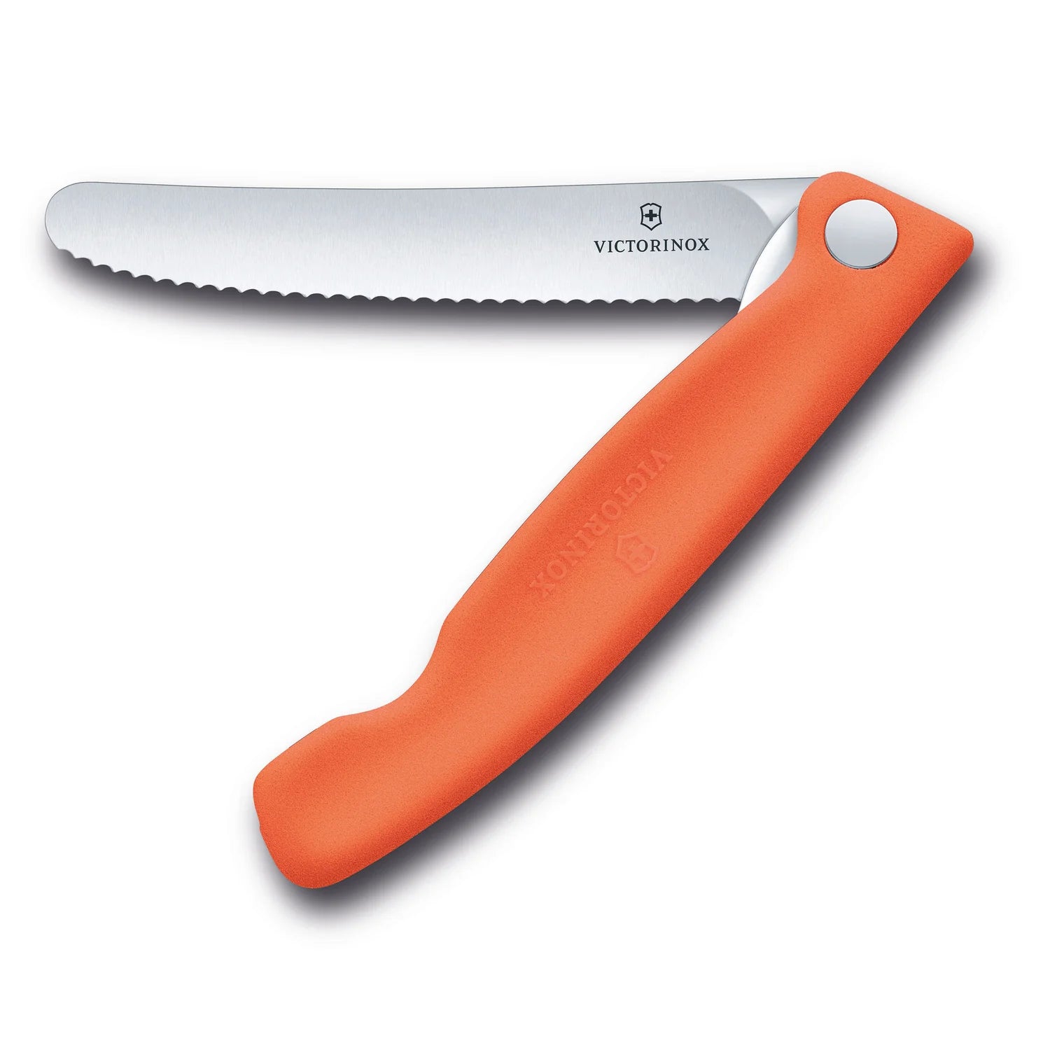 Coltello tavola ondulato pieghevole arancione in blister - Swiss Classic